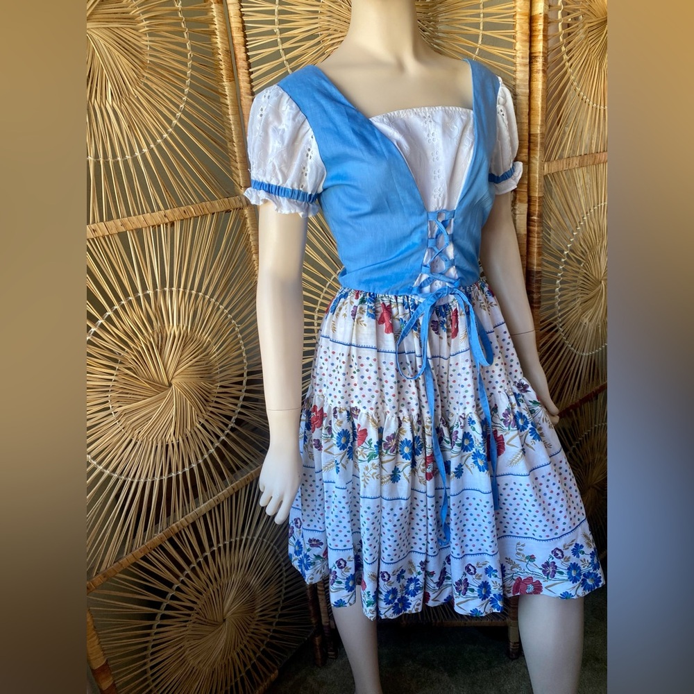 Vintage 1970s Alpine Folk Boho Peasant Lace Up Dress DeLoris Cottagecore